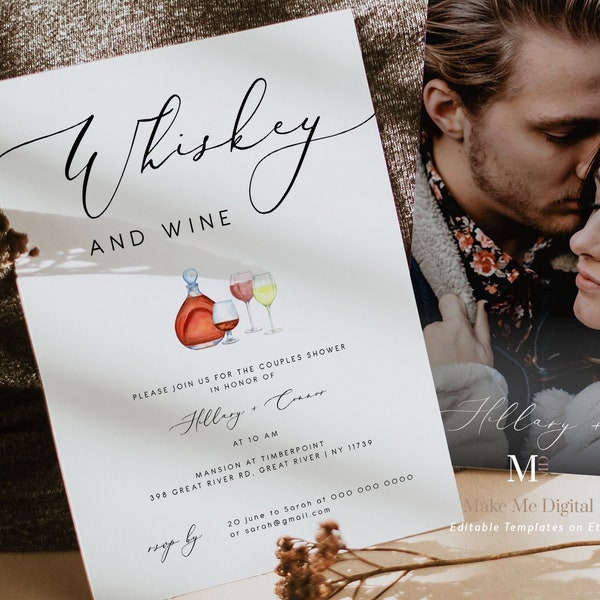 Elegant Calligraphy Whiskey & wine Couples Shower invitation, BBQ rehearsal Invite, Instant Download, backyard barbeque couples shower 110