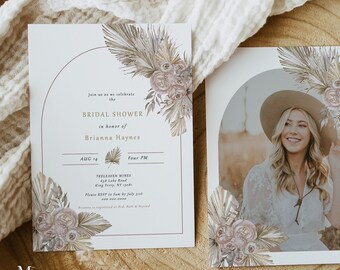 Dried Floral Desert Bridal Shower Invitation, Bohemian bridal shower invite Instant Download Beige brown pampas Editable Boho invite BRIANNA