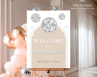 Disco Ball Diva Bridal Shower Welcome Sign, Silver glitter festival hen do easel sign printable, editable arch bridal large foam sign DX