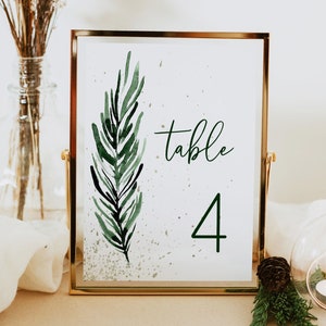 Christmas Pine Wedding Table Numbers, Festive green & gold table numbers, printable xmas wedding table decor, instant download gold pine