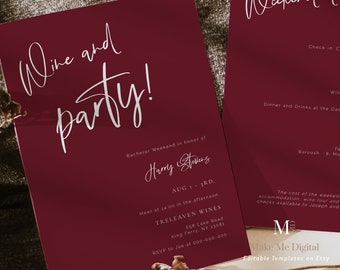 Burgundy Wine and Party Stag Invitation, Festive Bachelor party invite, Printable Christmas Red wine napa valley bachelor weekend RED1