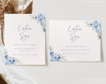 Pastel Blue Wedding Custom Signs, Rustic Floral wedding editable make your own template sign, printable dusty blue wedding, instant download