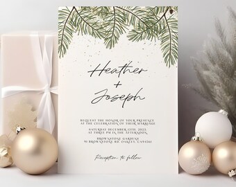 Invitación de boda navideña, invitación de boda minimalista con forma de piña, invitación de boda navideña imprimible, descarga instantánea de hojas de agujas de pino