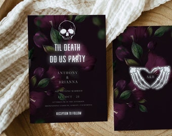 Gothic Inspired Till Death Do Us Party Wedding Invitation, Printable dark skulls Wedding Suite Instant Download purple floral Wedding VE1