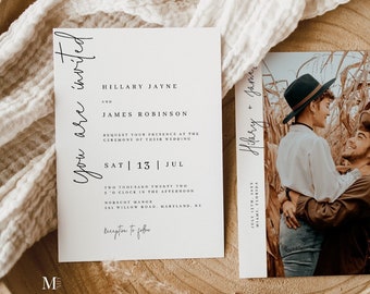 Modern Script Wedding Invitation, Printable modern minimalist photo Wedding Invitation template, vertical script calligraphy Invitation 111