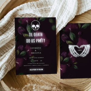 Faire-part de mariage d&#39;inspiration gothique jusqu&#39;à la mort, imprimable Suite de mariage têtes de mort sombres Téléchargement instantané Mariage floral violet VE1