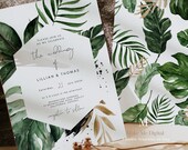 Tropical and gold Wedding Invitation, Editable summer Wedding Invite Printable, hexagon beach wedding Calligraphy Font Wedding leaf 119