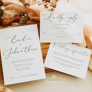 Elegant Wedding Invitation set, Minimal printable wedding invite suite RSVP details card Classic wedding Instant Download Editable 110