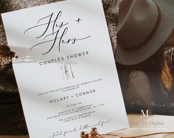 Elegant Calligraphy Couples Shower invitation,  His and Hers Shower Invite, Instant Download, bubbles and bites couples shower picnic 110