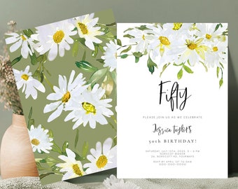 White Daisy floral 50th Birthday Invitation, Fifty Birthday Invitation Template Printable Garden Fiftieth Daisy, Instant Download 121