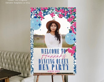 Dancing Queen Photo Hen Party Welcome Sign, Greek Mamma Hen party easel sign printable, editable mia theatre movie london 18x24 inch sign