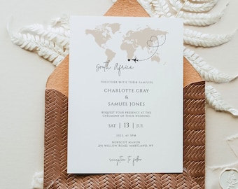 World Map Destination Wedding Invitation, rustic wedding invitation, editable wedding invite ,printable travel wedding invite, world map