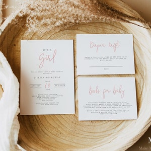Minimalist rosa Mädchen Babyparty einladen | Baby Shower Einladung Vorlage DIY Baby Shower Modern Es ist ein Mädchen Bücher für Baby Windel Verlosung 111