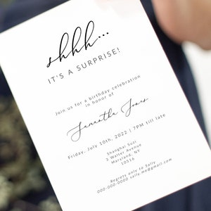 Modern Calligraphy Birthday Invitation, Elegant Birthday invitation Printable Birthday invite for men unisex shh its a surprise Editable 110
