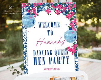 Dancing Queen Hen Party Welcome Sign, Greek Santorini hen do easel sign printable, editable mia theatre movie bach london 18x24 inch sign