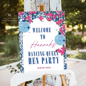 Dancing Queen Hen Party Welcome Sign, Greek Santorini hen do easel sign printable, editable mia theatre movie bach london 18x24 inch sign