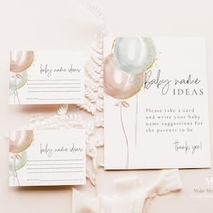 Signe de suggestion de nom de bébé, ballon bleu et rose, signe de révélation du sexe, modèle de signe de baby shower, imprimable signe de table d'idées de noms de fille de garçon