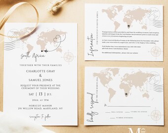 World Map Destination Wedding Invitation, rustic wedding invitation, editable wedding invite ,printable travel wedding invite, world map