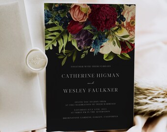 Dark moody floral wedding invitation burgundy floral wedding invite, dark burgundy invitation , instant download, 105