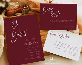 Burgundy Red Baby Shower Invitation, Festive Baby Shower invitation Suite, Printable Shower bundle, Christmas Red shower Editable RED1