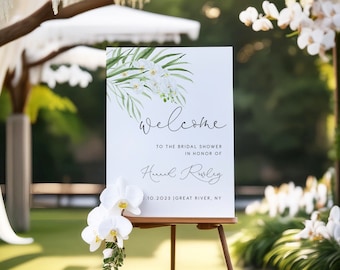 White Orchid Bridal Shower Welcome Sign,  Modern ivory Bridal Shower Sign, Instant Download, botanical bridal shower welcome sign template