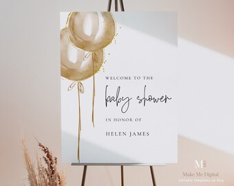 Gold beige Balloon Baby Shower Welcome Sign, Boy Baby Shower Welcome poster sign, Printable baby shower brown balloon digital download