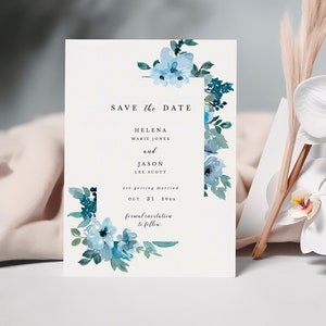 Blue Floral Save the Date Invitation, Chinoiserie Vintage wedding, editable template, porcelain blue floral invite, instant download 131