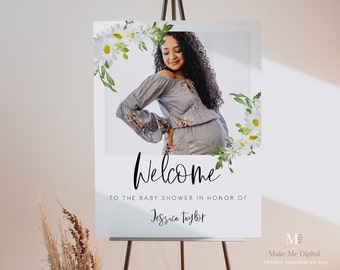 White daisy Photo Welcome Sign, Baby Shower Sign, Welcome Daisy floral Sign Printable Sign Instant Download add your own photo Welcome 121