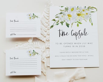 White Daisy Time Capsule Baby Shower Sign | White floral time capsule cards | White Daisy Baby Shower guest messages | Gift Table Sign 121