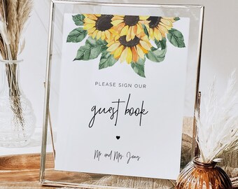 Sunflower Wedding Guest Book Sign, rustic floral wedding guest book sign printable, editable yellow sunflower guestbook sign SUNNY