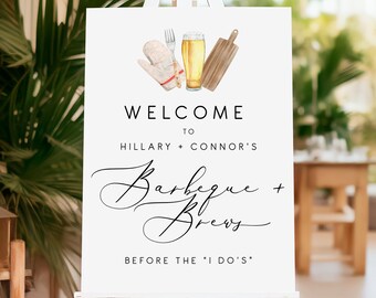 Elegant Calligraphy BBQ & Brews Welcome Sign, BBQ rehearsal sign, Instant Download, backyard barbeque couples shower welcome sign 110