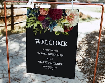 Black Burgundy Floral Welcome Sign Moody Floral wedding Reception sign autumn Welcome printable welcome sign, fall instant download 105