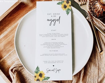 Sunflower Engagement Party Menu, rustic floral we're engaged menu printable, editable yellow sunflower engagement party menu SUNNY