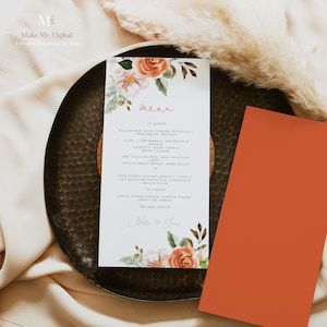 Burnt Orange Floral Wedding menu lets eat, rust wedding menu ,printable autumn floral dinner menu, menu template instant download 128