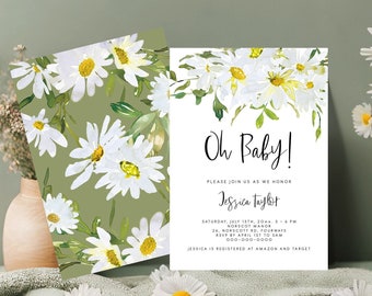 Daisy floral Baby Shower Invite, Baby Shower Invitation Template, Printable Editable white floral spring Baby Sprinkle, Instant Download 121