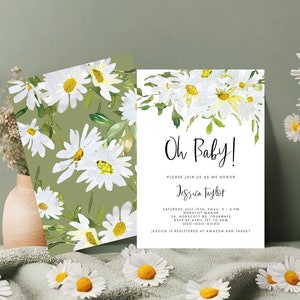 Daisy floral Baby Shower Invite, Baby Shower Invitation Template, Printable Editable white floral spring Baby Sprinkle, Instant Download 121 image 1