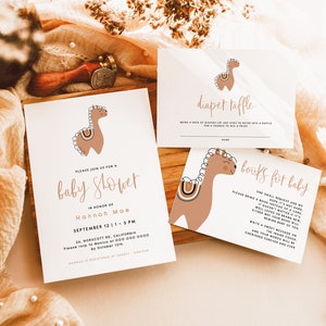 Set di inviti per baby shower Boho Rainbow Llama, invito per baby shower Boho Alpaca, set di inviti per baby shower stampabili Lama in terracotta modificabile