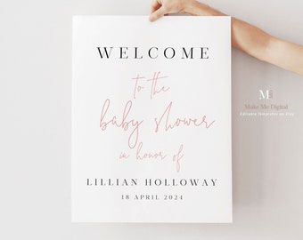 Minimalist Girl Baby Shower Pink Sign , welcome template Sign, Printable pink baby shower welcome sign,  Editable Sign instant download 111