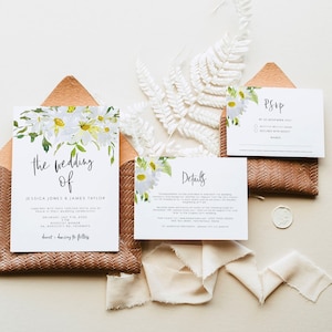 White Daisy Wedding Invitation set, elegant white daisy wedding invitation printable, editable floral rsvp, daisy wedding invitation set 121