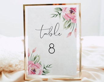 Pink Peony Table Number Template, Printable Wedding Table Number, pink floral Table Numbers Editable peony Instant Download 124