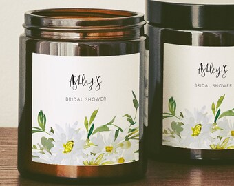 White Daisy Bridal Shower Candle Label Template,  Printable Floral Custom shower Gift Label Daisy Editable candle label Daisy Floral 121