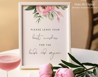Pink peony Best Wishes for the Bride and Groom, Floral Bridal Shower sign, Printable peony wishes for the couple sign,  Instant Download 124