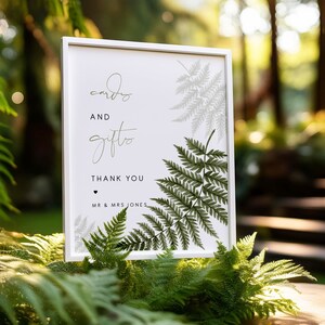 Varen bruiloft kaarten en geschenken teken, bewerkbaar cadeau bruiloft teken, groen kaart en cadeau bord, varen afdrukbaar teken instant download 112