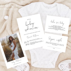 Modern Calligraphy Baby Shower Invitation Suite | Editable Baby Shower Evite, Diaper Raffle, Books for Baby Card Invitation Template Set 120