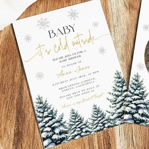 Invitation de douche extérieure froide de bébé, arbres enneigés Evite, modèle de bébé de vacances pinède, téléchargement immédiat invitation de Noël fantaisiste