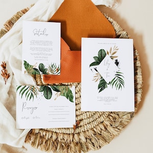 Tropische Hochzeitseinladung, Bananenblatt bearbeitbares Palmenblatt-Hochzeitsset, Hochzeitseinladung druckbare Kalligraphie, Hochzeit 119