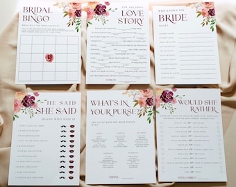 Cottagecore Bridal Shower games, florals bridal shower games, wild flower he said, she said, bridal bingo, who knows the bride best 114