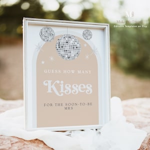 Disco Ball Diva Bridal Shower Guess How Many Kisses Sign, Silver glitter festival kisses guess printable, editable arch bridal game sign DX