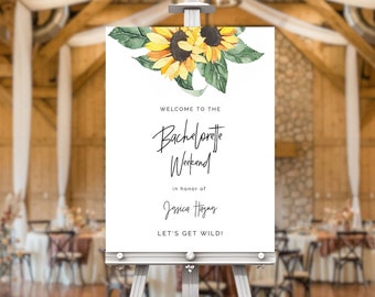 Sunflower Bachelorette Weekend Welcome Sign, rustic floral Bach party weekend printable, editable yellow sunflower bachelorette sign SUNNY