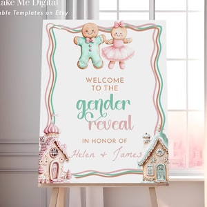Letrero de bienvenida para revelar el género de Navidad, póster con tema de niño o niña de jengibre, plantilla para bebé de vacaciones en rosa y menta, descarga instantánea de whats baking